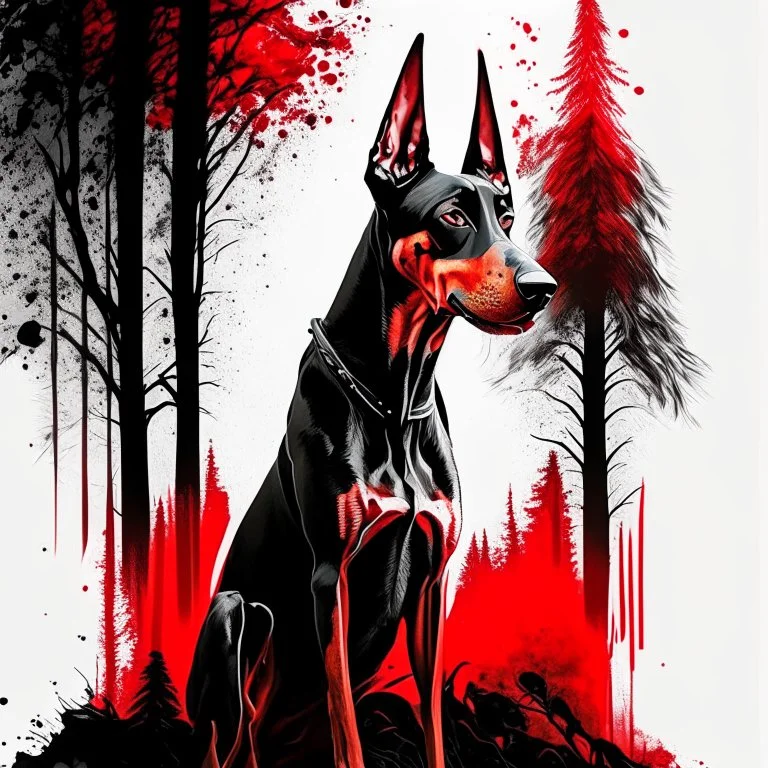 Doberman dog sitting, front view, full body, ink lineart red white black pointy ears trees