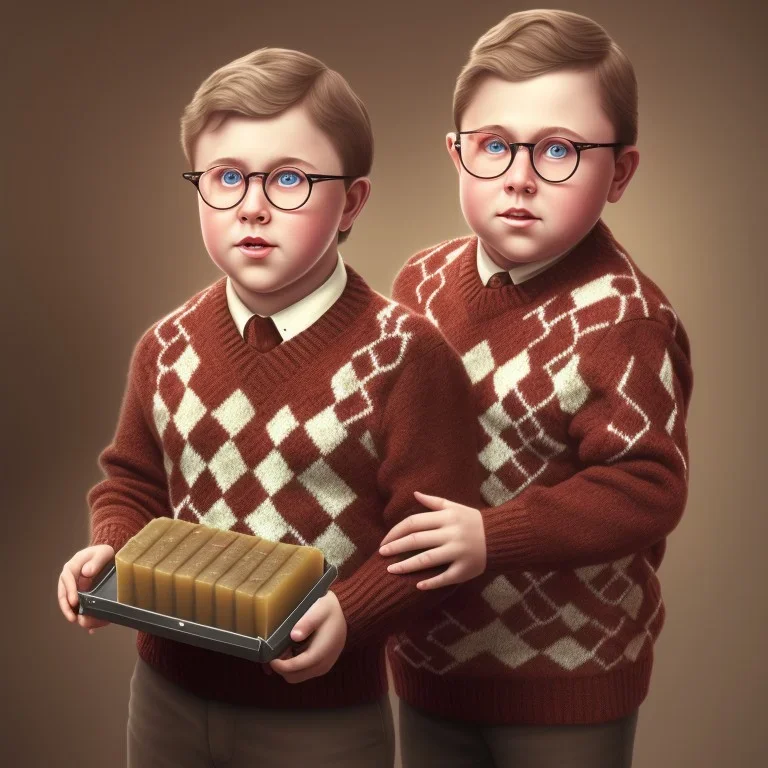 solo peter billingsley is a chubby kid with glasses, gripping a single Dark red soap bar, ((brown))argyle sweater