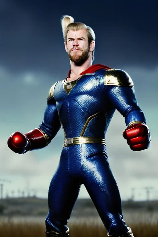 retro portrait image from 1960, sky background, wind, extra long blonde hair, fighting stance, young Chris Hemsworth, clean shave face, black dress, classic long tight lycra black suit, 2 steel disc in busty, big red cap, silver arms, gold bracelet and belt, high boots, soft color, highly detailed, classic comic Thor style, unreal engine 5, ray tracing, RTX, lumen lighting, ultra detail, volumetric lighting, 3d, finely drawn, high definition, high resolution.