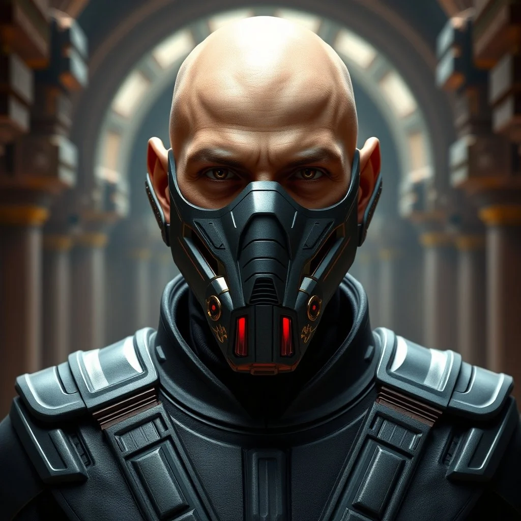 bald male corellian jedi wearing gunmetal grey and black old republic armored flightsuit and breath mask with gold and metallic red trim inside the jedi temple, centered head and shoulders portrait, hyperdetailed, dynamic lighting, hyperdetailed background, 8k resolution, volumetric lighting, light skin, fully symmetric details