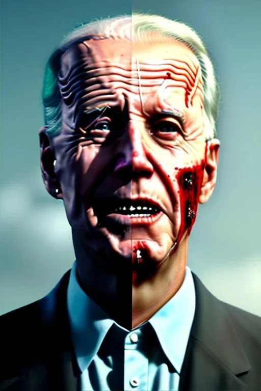 realistic image, joe biden zombie, arm cut and bleeding, amputated leg, night, walking with a limp, waist up view, dark ambient, highly detailed, sky background, concept art, unreal engine 5, god rays, ray tracing, RTX, lumen lighting, ultra detail, volumetric lighting, 3d, finely drawn, high definition, high resolution.