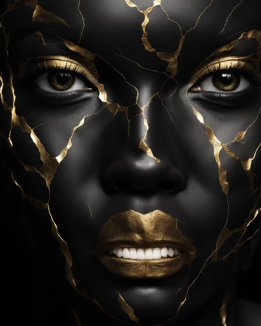 a beautiful black woman face made of kintsugi seam, photo realistic, 16K