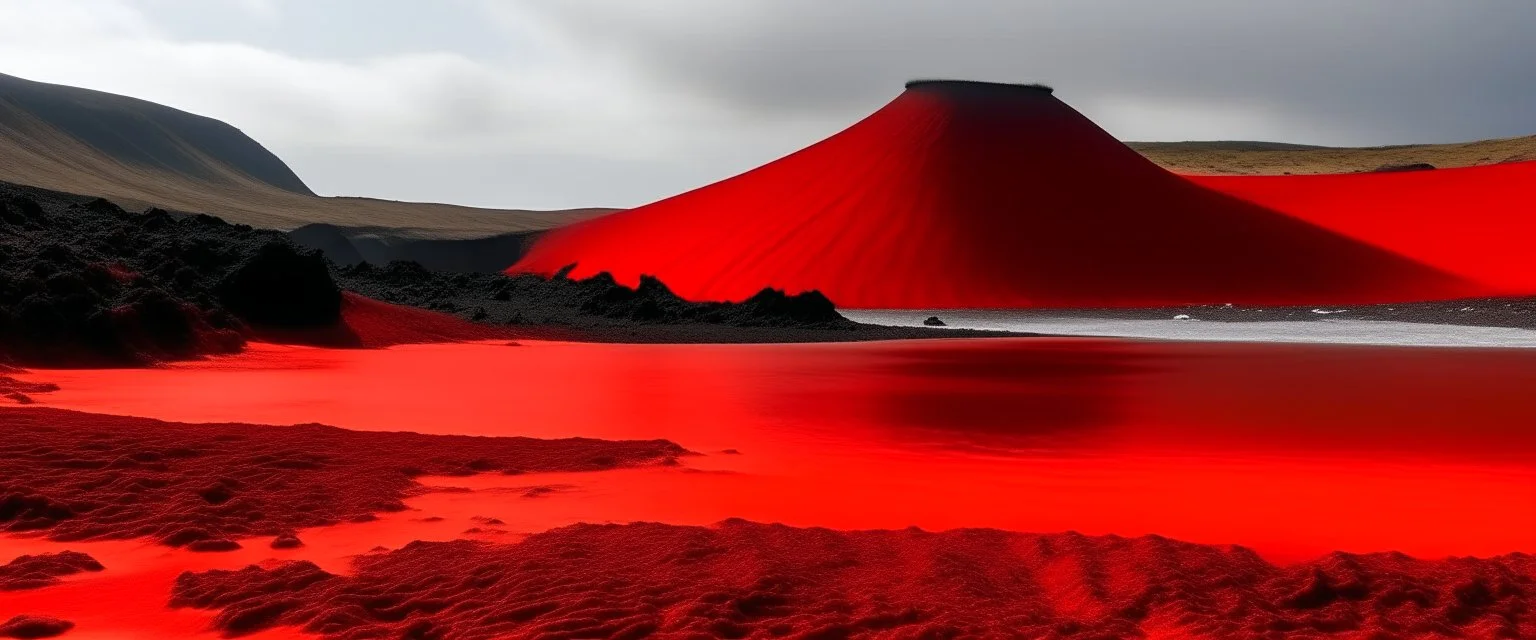 A red beach with an active volcano painted by Clyfford Still