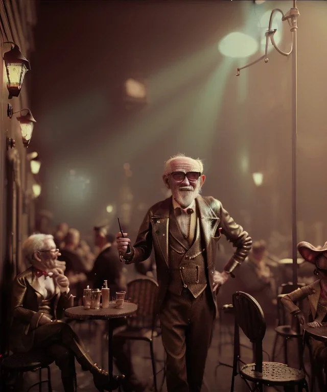 cabaret scene, steampunk. old man. little monkey, Sunglasses, rain, smoking, happy, hot. Many people background, highly detailed, concept art, unreal engine 5, god rays, ray tracing, RTX, lumen lighting, ultra detail, volumetric lighting, 3d, finely drawn, high definition, high resolution.