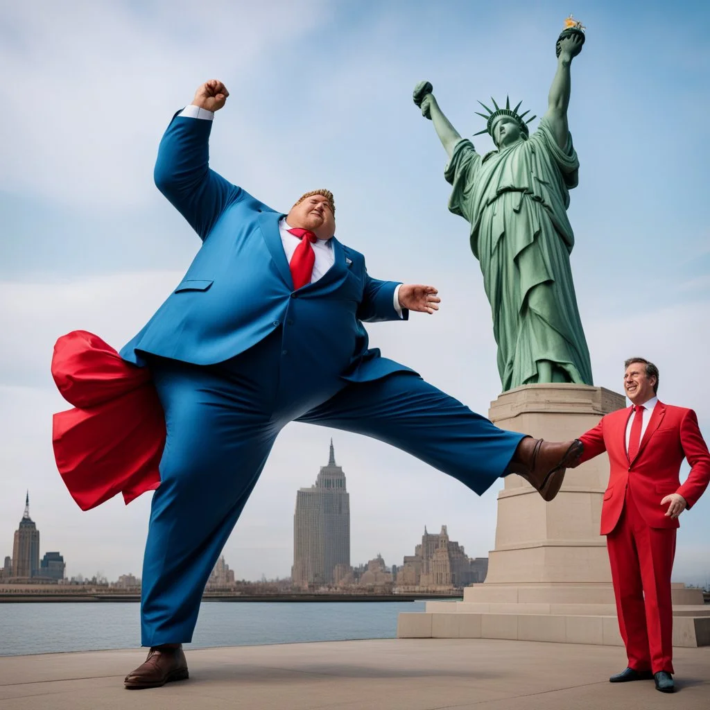 a photograph of the statue of liberty kicking a fat guy in a blue suits with a long red tie in the groin