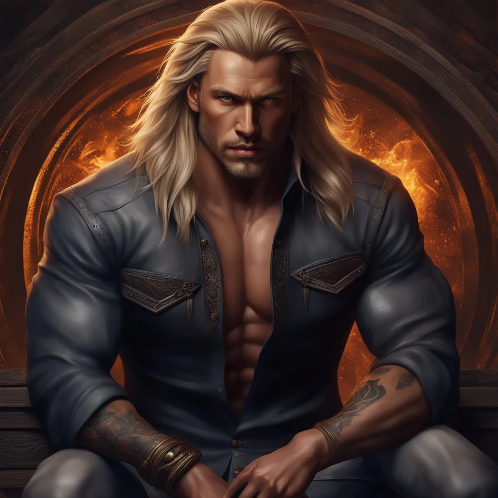 handsome warrior king, muscular, long blonde hair, male age 30, wearing jeans and a white button-up shirt, tan skin, tattoos, photorealistic 4k dark fantasy