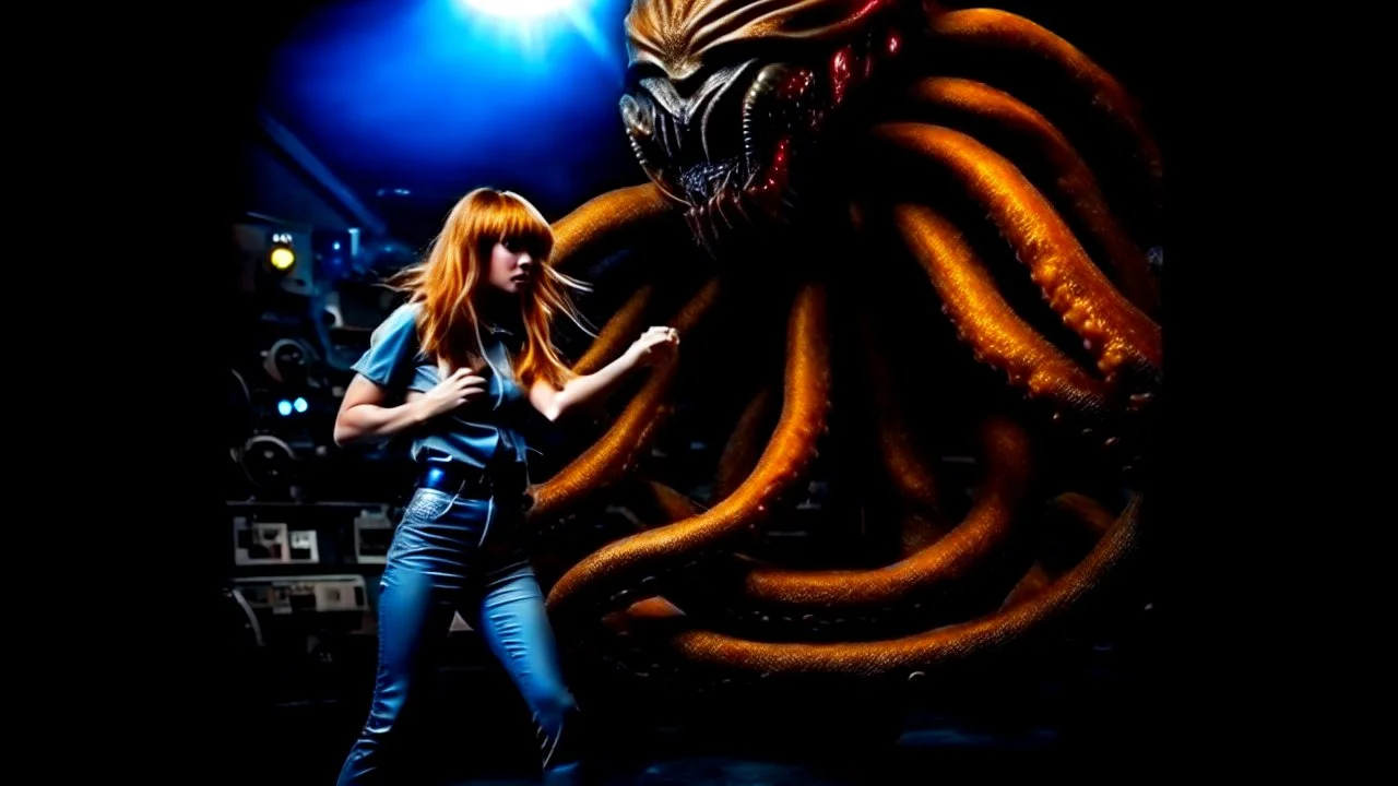 Full-body retro photo of a woman with straight hair and a Fringe, in a fight with a monster, wrapped in tenacles, in an action pose, sci-fi Background