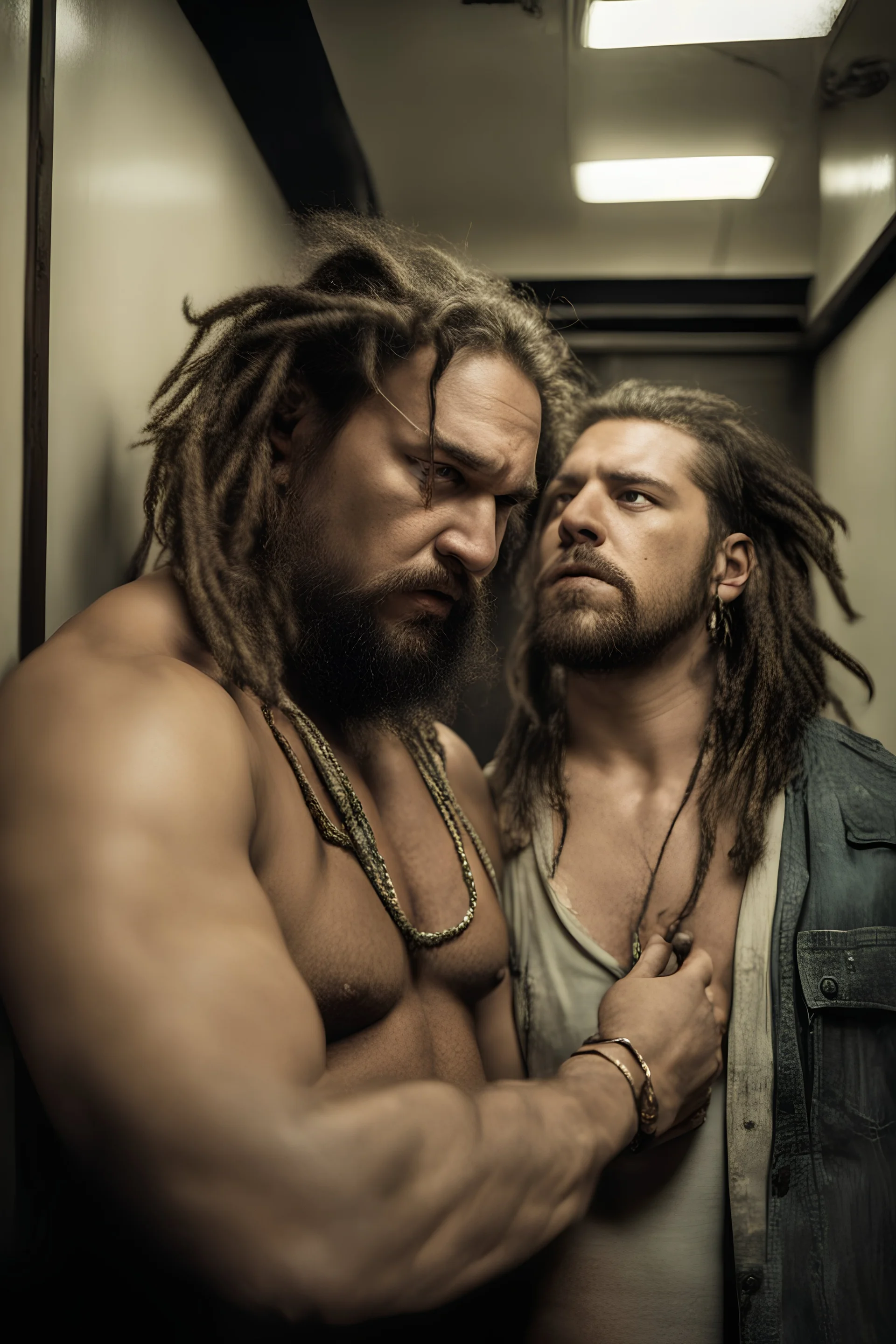 half figure shot photography of two ugly gypsies close, face to face, 30 years old with dreadlocks, overweight muscular chubby, tattoo, beard, bullneck, shirtless, manly chest, hairy torso , embraced, broken short pants,, angry eyes, in an elevator, top light, ambient occlusion, photorealistic, side view from the ground