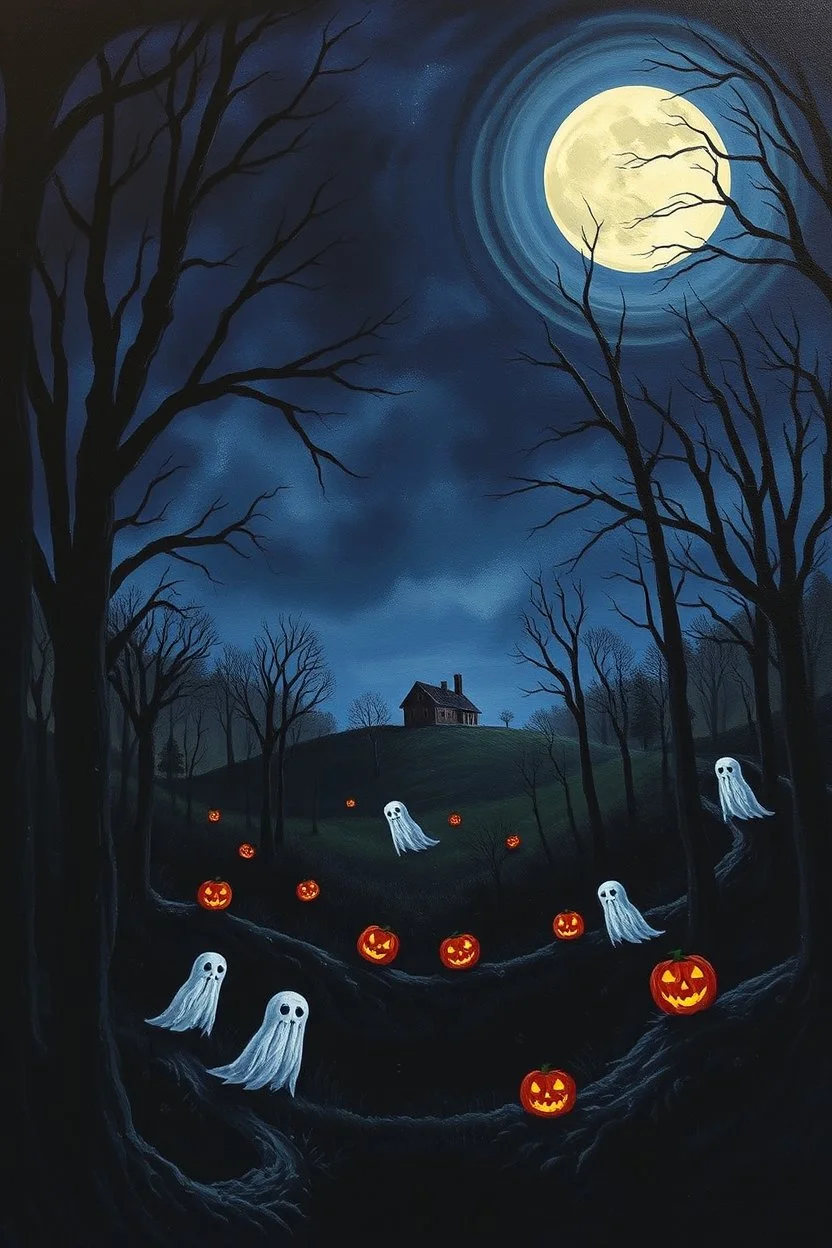 Halloween night landscape painting, darkened forest under a moonlit sky, ghosts and jack-o-lanterns glowing among the bare trees, an abandoned house on a distant hill, hints of mystery and the supernatural in the shadows --v 5.2