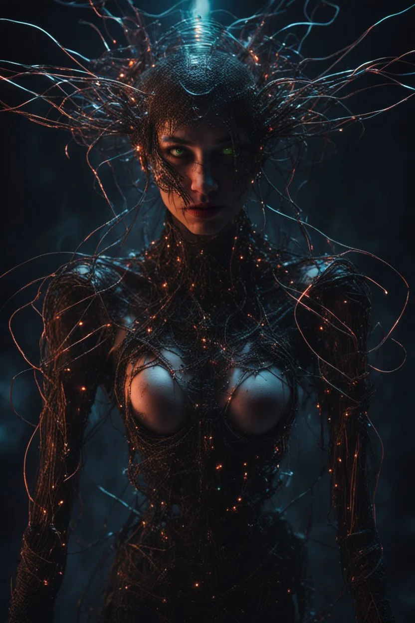 Demon girl, fullbody, creepy, horrifying, sinister, many wires connected to the head lumen lighting, led lights, sparks around her, sparks cybernetic,high lighting, intricate, 8k, macro photography,