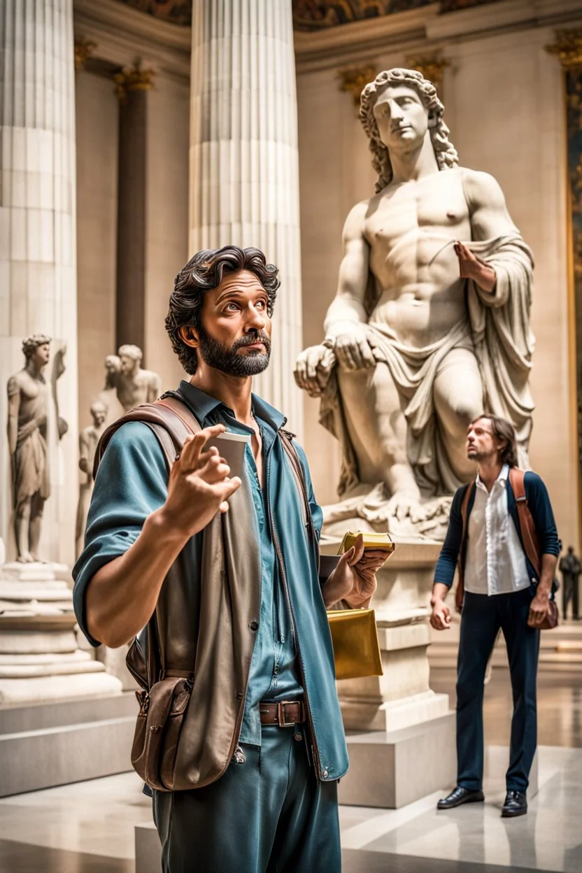 Show David in a role reversal situation, such as him being a tourist admiring other famous artworks or statues in a museum, with a guidebook in hand.