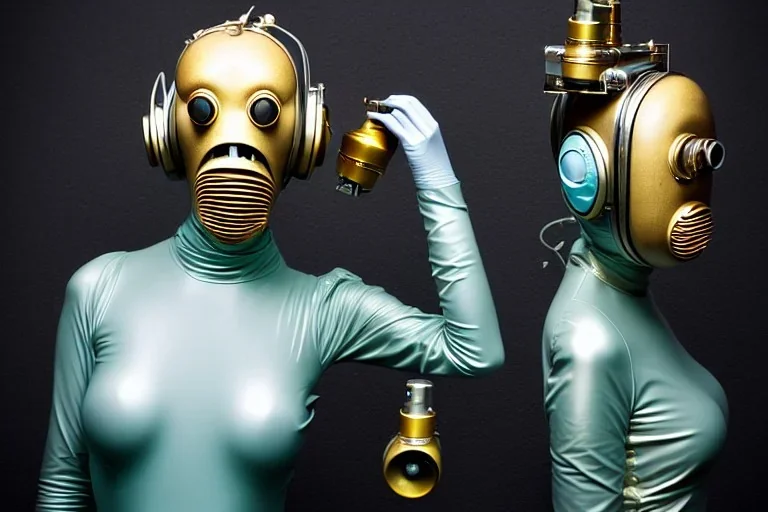 Golden to cyan surfaces body, latex. Tendril-mask-Synthesizer-proboscis. Lightly armored bodies. Metallic headphones and speakers. Alina Li and Asa Akira. Old-fashioned cameras integrated to heads. Suture eyes. Strange Steam-punk Silver tumbler hands! Dystopia perfect body. Mind-download from 1950's computer. Partly symmetrical in relation to the computer. Perfect golden ratio in all directions. Space-corruption. Steam-machines-tubes. Oppressive atmosphere. Thick Mind-upload-cable. Propaganda