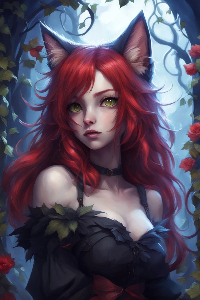 CAT GIRL, FANTASY, VINES, SOULLESS, FLUFFY TAIL, RED HAIR