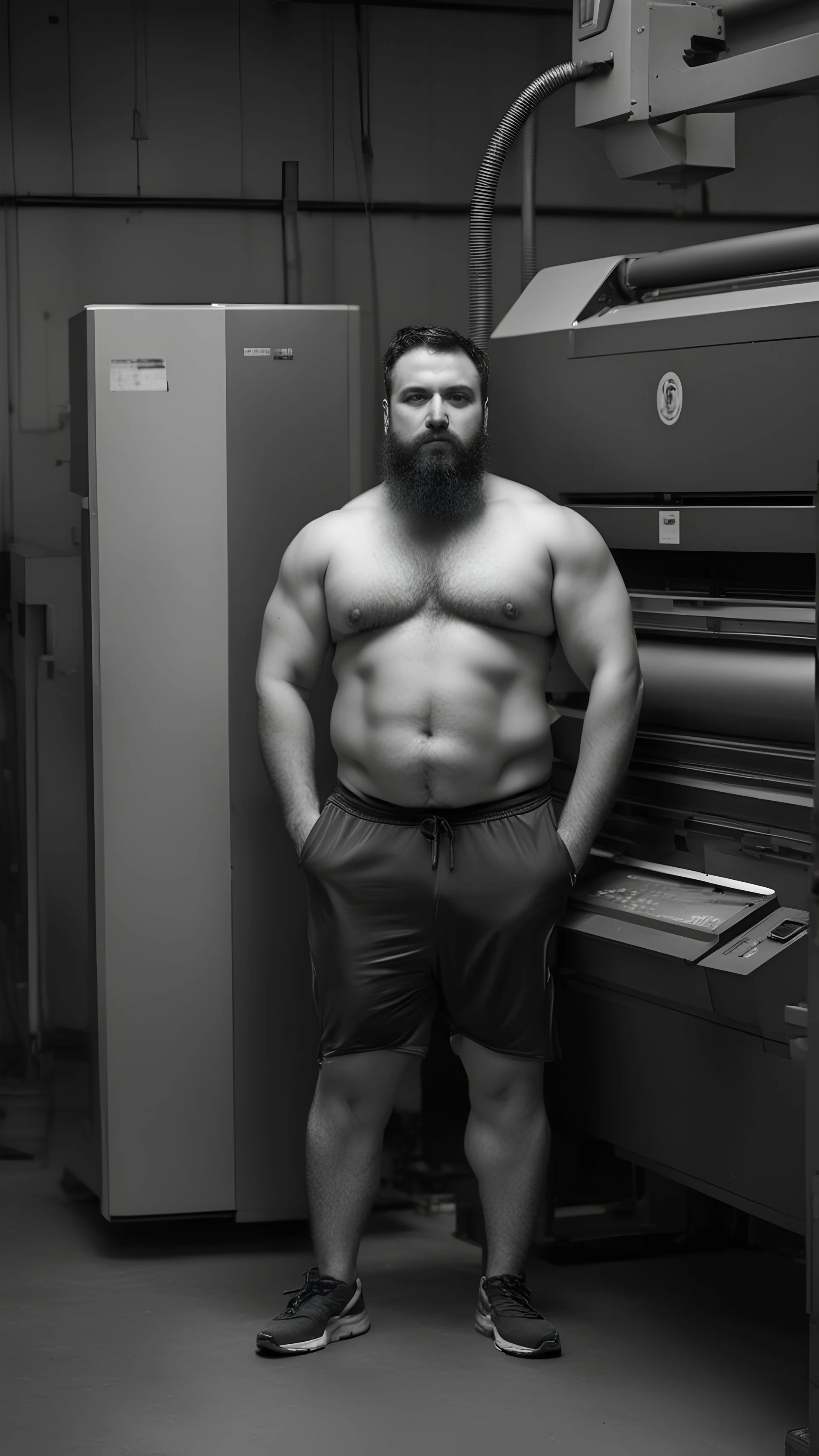 robust muscular turkish chubby 35 year old man in tracksuit, short beard, shirtless, printer in an old printing house, next to a huge old printer, dim light, side light, ambient occlusion