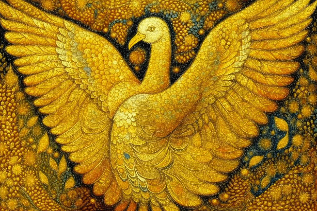 A yellow light elemental dove angel designed in medieval tapestry painted by Georges Seurat