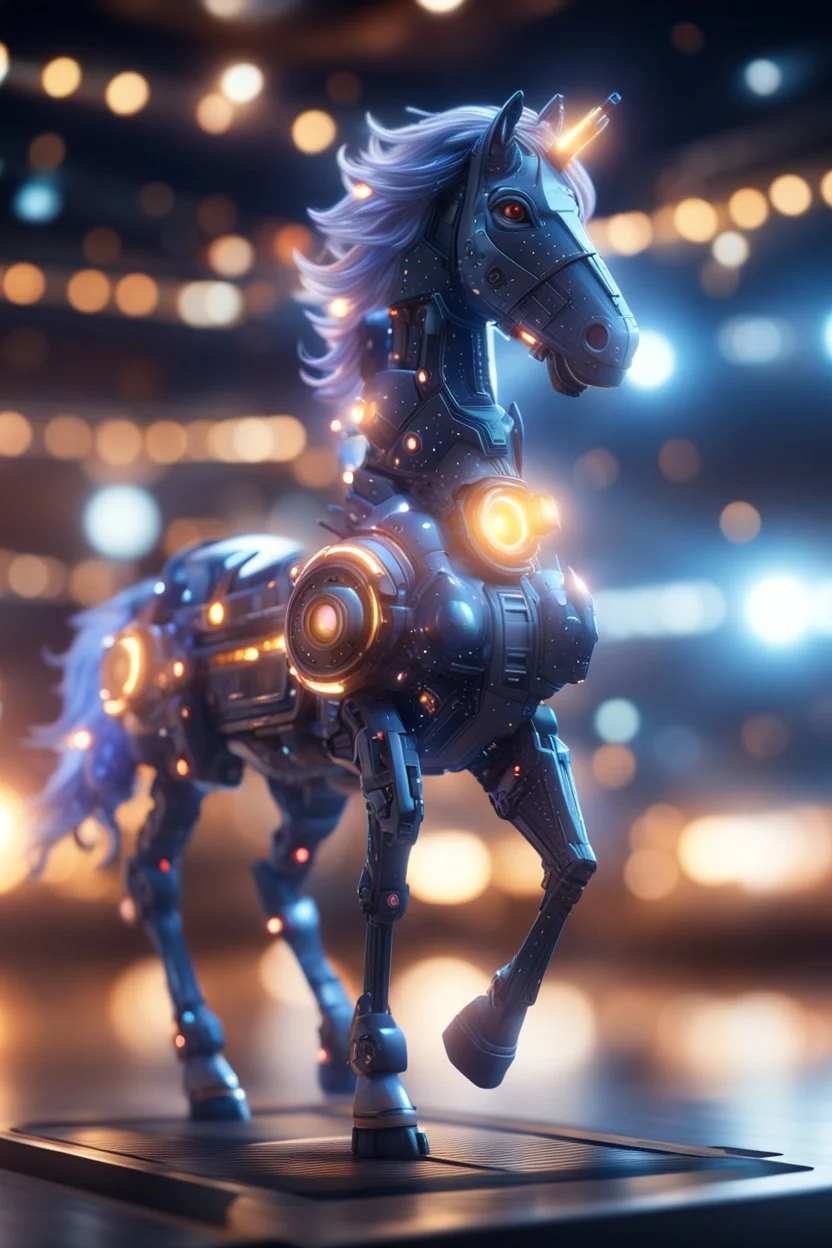 ultimate transcendent happy space horse with spotlights, in advanced hi tech dock, bokeh like f/0.8, tilt-shift lens 8k, high detail, smooth render, down-light, unreal engine, prize winning