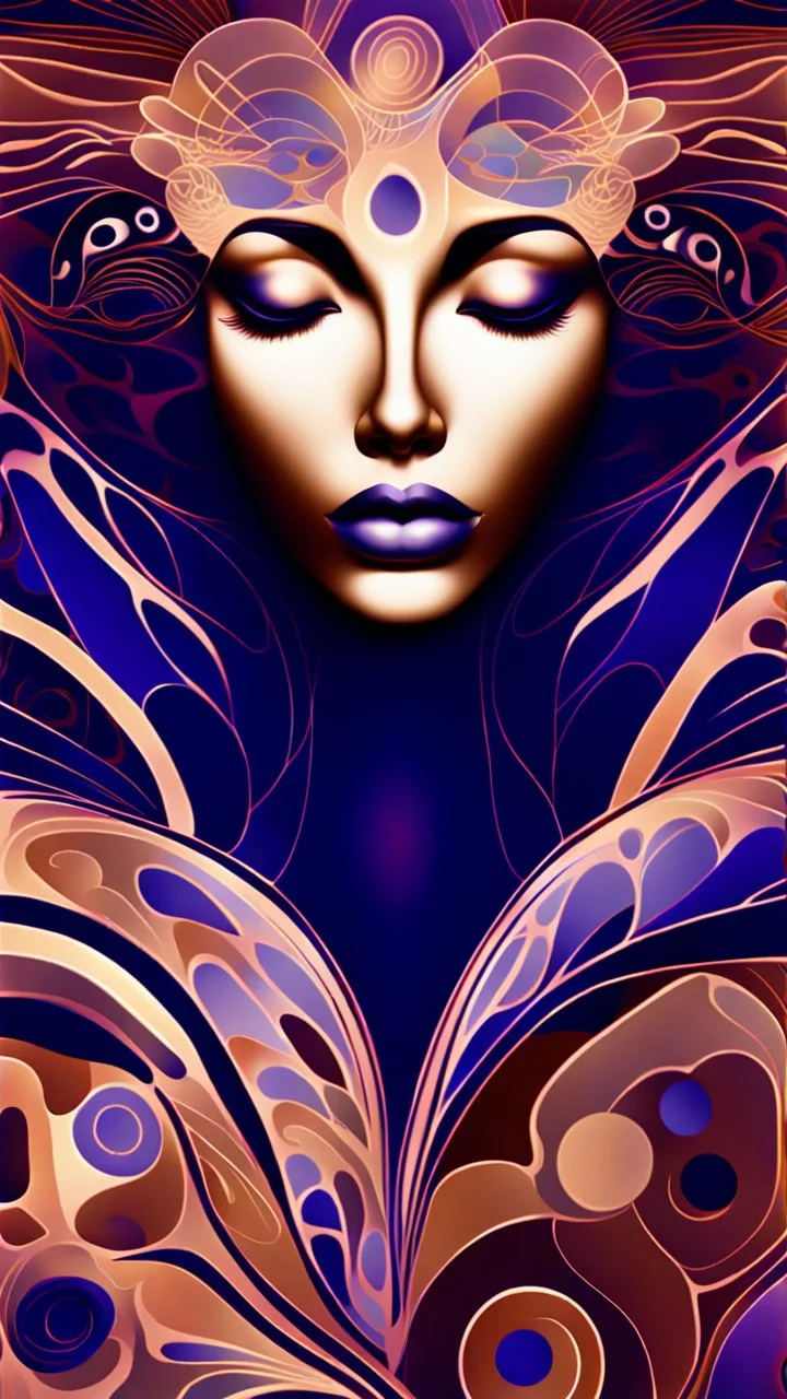 A digital artwork of women face open eye wide adorned with intricate patterns and designs. The figure's face is covered in swirling lines, circles, and other abstract patterns in hues of mocha, navy and gold.The background is a colorful glass , with abstract patterns that complement the figure's design. The overall ambiance of the image is dreamy and surreal.