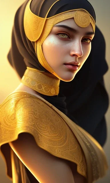 Arab young woman ,Arabic features، cute, beautiful, black eyes,Natural contours, real skin ,Modest Arabic style dress، head and shoulders portrait, cinematic, 8k, resolution concept art portrait by Greg Rutkowski, Artgerm, WLOP, Alphonse Mucha dynamic lighting hyperdetailed intricately detailed