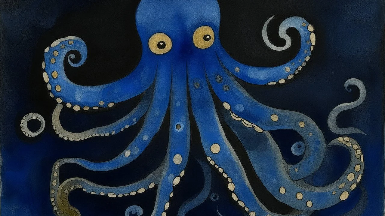 A dark blue water elemental octopus designed in cave paintings painted by Paul Klee