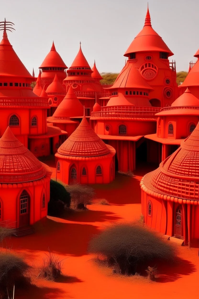 An orangish red vampire village designed in designed in African masks