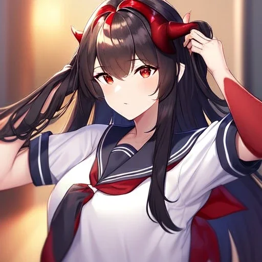 Clear focus,High resolution, Black long hair, Red eyes, Red horns, Wearing a sailor uniform, Holding her hair, Sighing