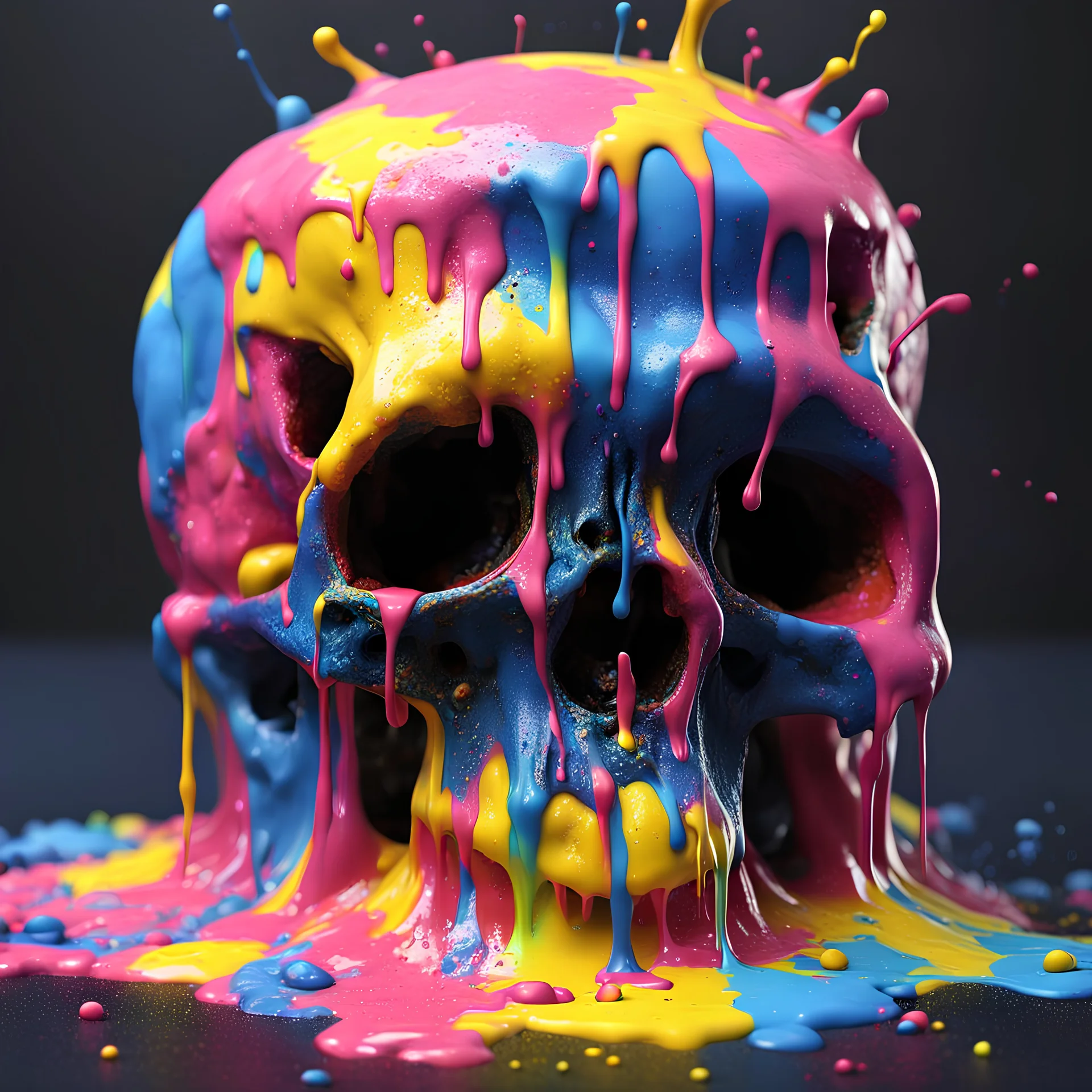 ((melting black skull)) dripping pink, yellow and blue acrylic paint, ((fluid form)), amorphous, gooey, Pixar photorealistic 3D animation style, rainbow coloured sprinkles, volumetric, expressive CGI, animated photorealism, liquid pop surrealism, ((Art Baltazar, Salvador Dali and Francis Bacon)), detailed, stylised, creative cinematic, lighting, depth of field, smooth surface, vibrant, surreal art, ray tracing, rim lighting, ground reflections, cgsociety, Maya, Arnold Render