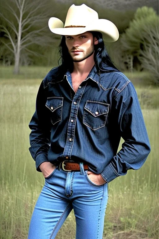 A man with long black hair, blue eyes, wearing a cowboy shirt and blue jeans