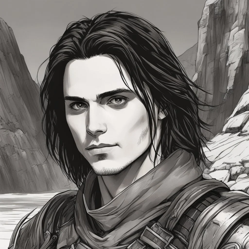 A portrait of Jared Leto in his early 30s, long beachy haircut, black hair, on a rocky island, in ebony armor from Skyrim, melancholic and dangerous facial expression, half-smiling, drawn in the style of ink manga sketch