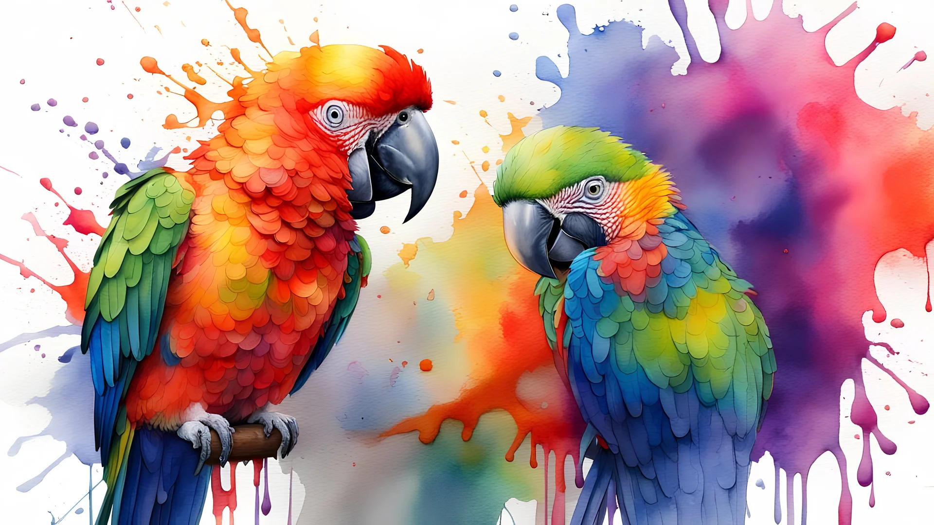 parrot, watercolor, fine rendering, high detail, 8K, drips, splashes, bright colors