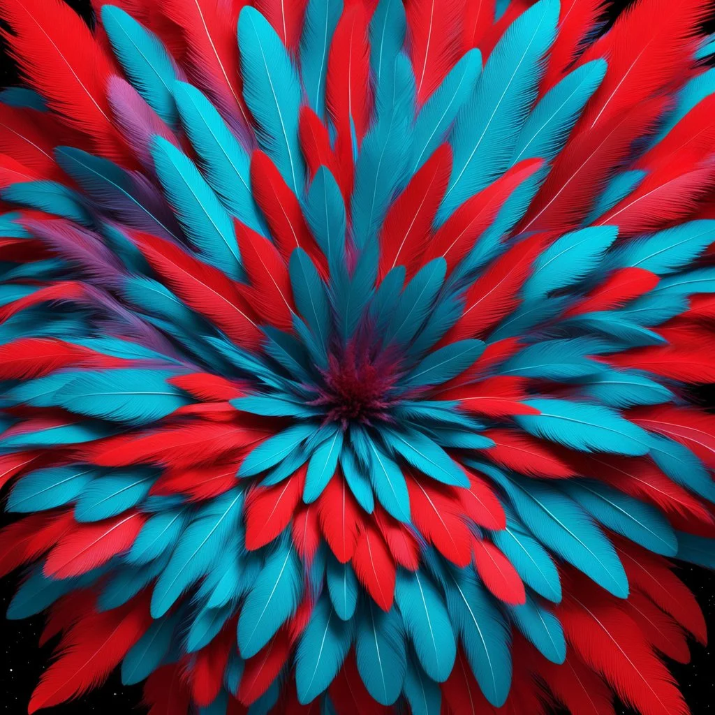 3D anaglyph red-cyan glasses required to watch this universe made of coloured feathers