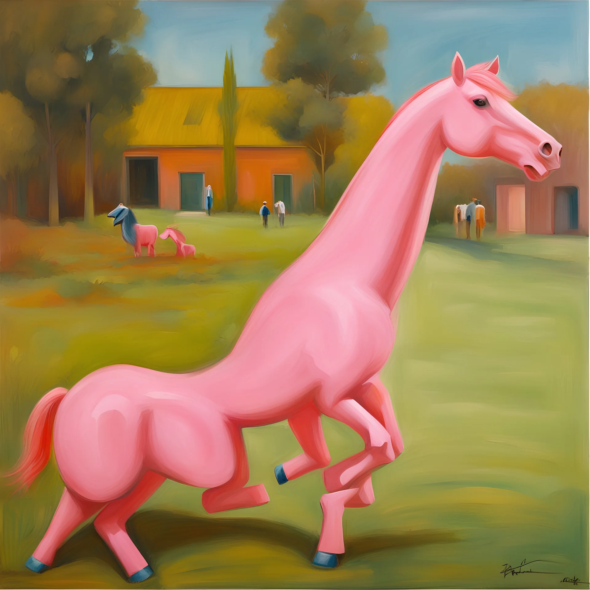 Big pink plastic toy horse.19th painting