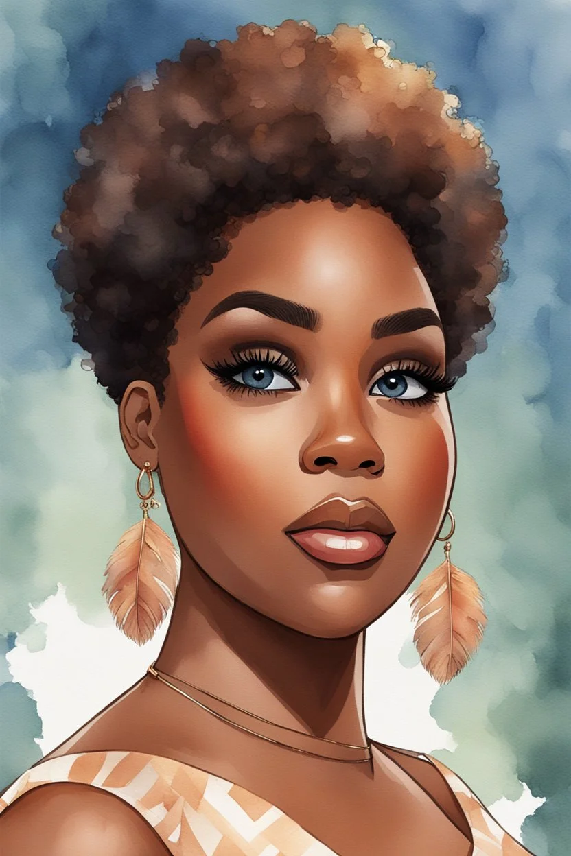 create a watercolor illustration of a plus size dark skinned black female wearing Tight blue jeans and a hazel brown off the shoulder blouse. Prominent make up with long lashes and hazel eyes. She is wearing brown feather earrings. Highly detailed short pixie cut