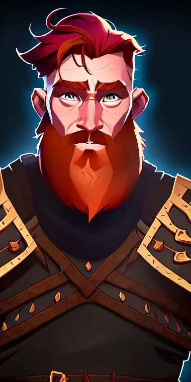 Dungeons and dragons character, warrior dwarf male, friendly face, high detail, High definition, ginger braided beard, ginger long hair in a bun, heavy armor, short height, black backdrop