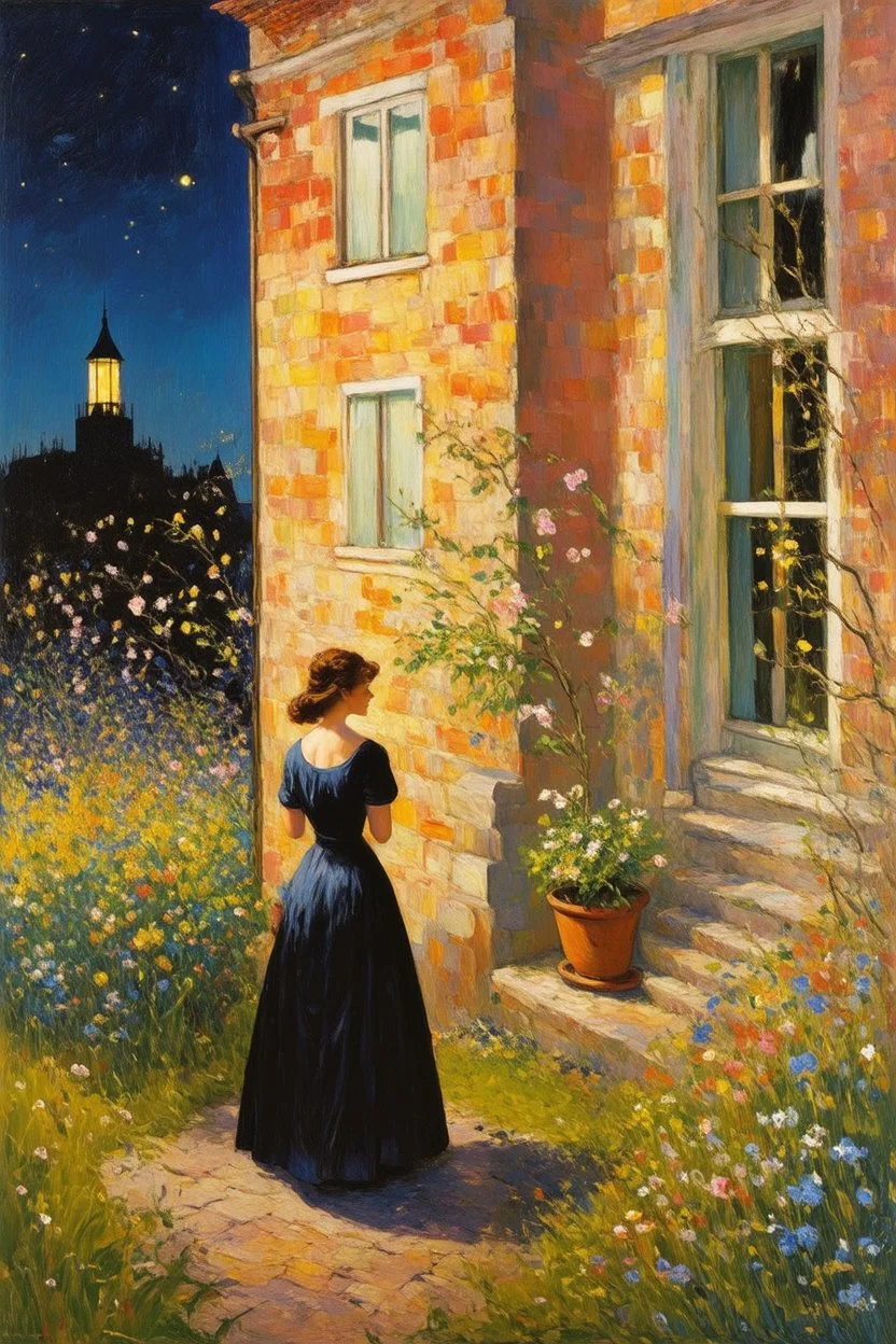 Night, vegetations, flowers, one woman, house, distant buildings, theodor philipsen, and claude monet paintings