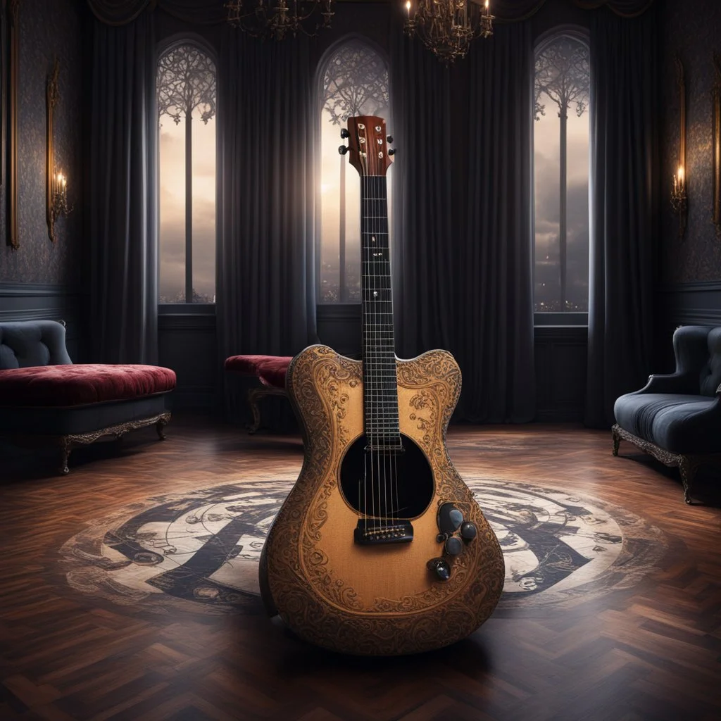 Hyper Realistic extremely-fancy-guitar standing on a floor of a fancy castle lounge with beautiful windows & velvet-curtains-with-musical-notes-printed-on-curtain at dark night with dramatic-&-cinematic-ambiance