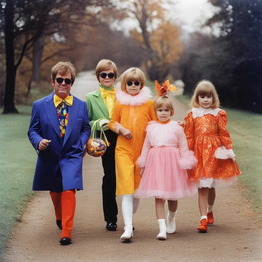 colourful Elton John with girls and boys (in spooky costumes) trick or treating on Halloween. 1960s era