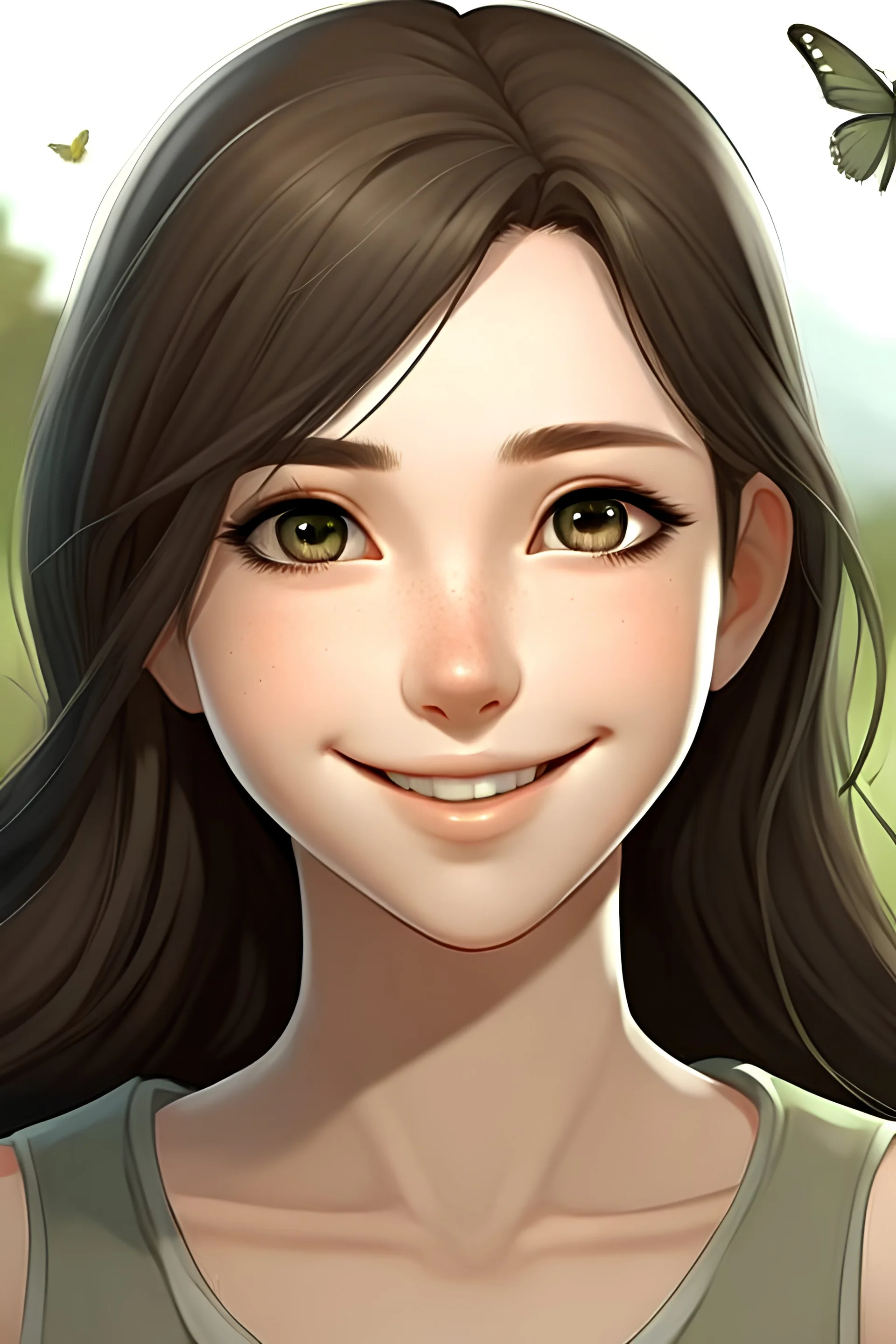 female with long and black hair and big A mixture of Brown light and dark eyes with long eyelashes.A little freckled. Always smile. She ties her hair. Her haircut is butterfly and straight.Two pieces of hair are always in front.short forehead.light skin Beautiful background scenery of Camomile behind her. With studio art screencap.