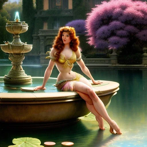 Hyperdetailed oil on canvas, young robyn lively sits by the ornate fountain, goldfish pond, lotus, detailed face, long muti-hued red curly hair; by gaspar camps, maxfield parrish, alphonse mucha, cyril rolando, dan mumford; luminous colorful sparkles, glitter, airbrush, octane render, volumetric lighting, 16k