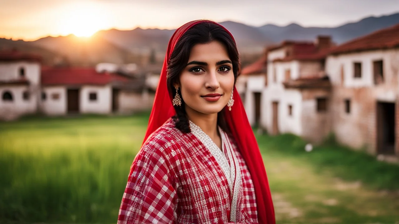 Aphotographic middle shot of a beautiful a young Pakistani pashto woman (age 25 with beautiful black hair and pretty eyes) in a beautiful traditional red and white checkered dress with white dupatta happily standing outside beautiful village houses made bricks with long grass and mountains behind her at beautiful cloudy sunset with sun-rays on her face showing cinematic And dramatic ambiance.