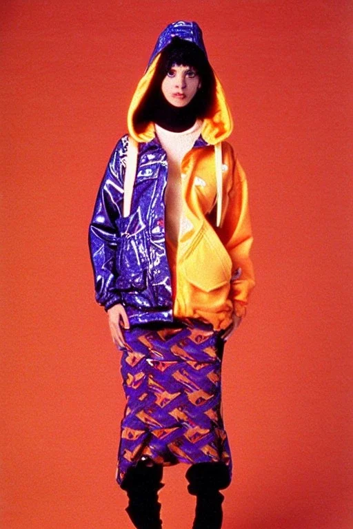 year 1996 fashion. Straight skirt, low waist. Combat hoodie with long tippet, which continues to the hood. Colors: denim blue, blue, purple, cream, khaki, "pastel green", lilac, plum, orange, terracotta, red, light yellow, pink, dark blue, beige. Latex in small part. Sturgeons vulgarism pattern prints.. Bridget Jones, Missy Elliot, Jennifer Lopez. Karjalainen kuvio, Karjala patterns tradiotional. Hat with a visor, integrated to AKG-style headphones.