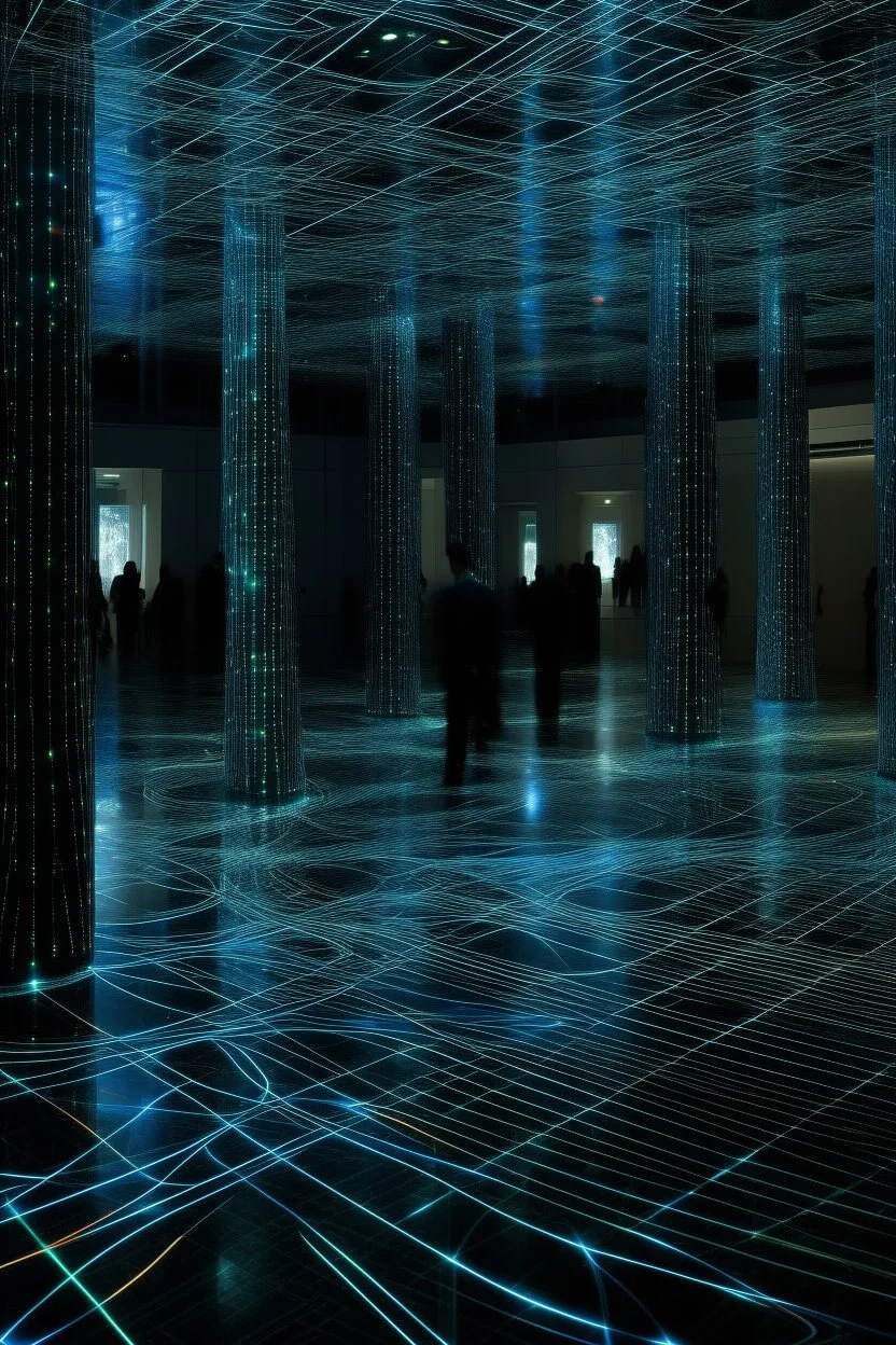 A bluish black realm with lasers painted by Georges Seurat