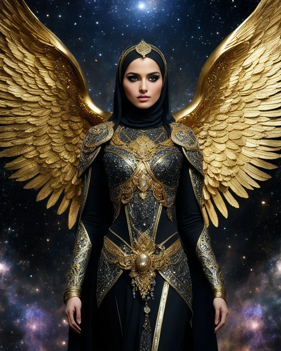 Photography A Length Super model Iranian Woman Hijab as Beautiful Archangel with wings made from metal craft,dressing luxurious golden and black color armor filigree fcombination fully crystals diamonds stone crystals,Cosmic Nebula Background