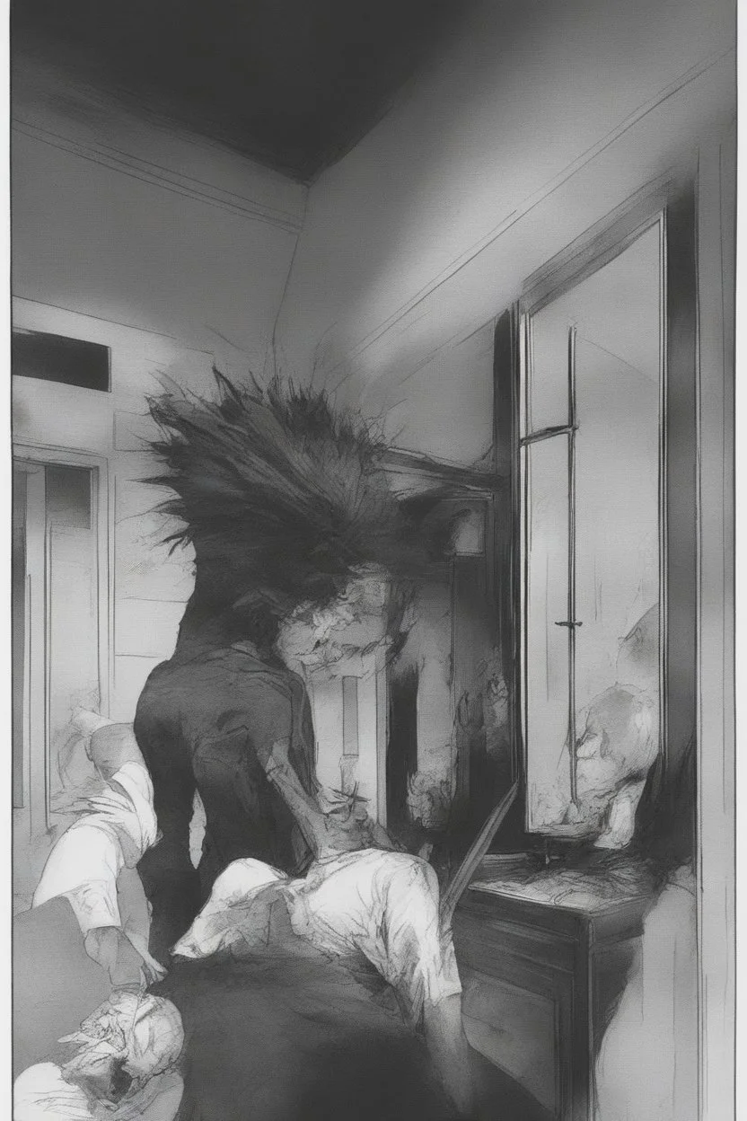 a man looking into a shattered mirror and seeing a horrifyingly smeared and deranged monster in his reflection