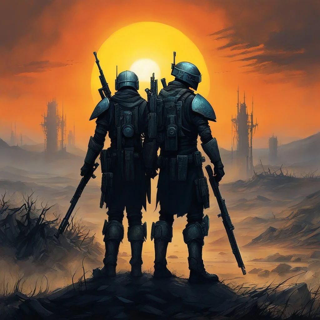 in the midst of this chaos, two warriors emerged in exoskeleton armor, standing in the desolate post-apocalyptic wasteland. One of them, holding an electric rifle, ready for battle, while the other, with their back turned, their silhouette stark against the eerie landscape reminiscent of Zdzisław Beksiński's artworks. the sun dipped below the horizon, casting long shadows across the twisted wreckage of civilization, the warriors braced themselves for the inevitable confrontation.