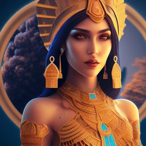 3D close-up of a beautiful Arab pharaonic girl, sarcastic smile, high contrast, glowing backlighting, blue and red backlighting, vibrant hair, dark brown eyes, sharp focus, high makeup, face painting, background blur.