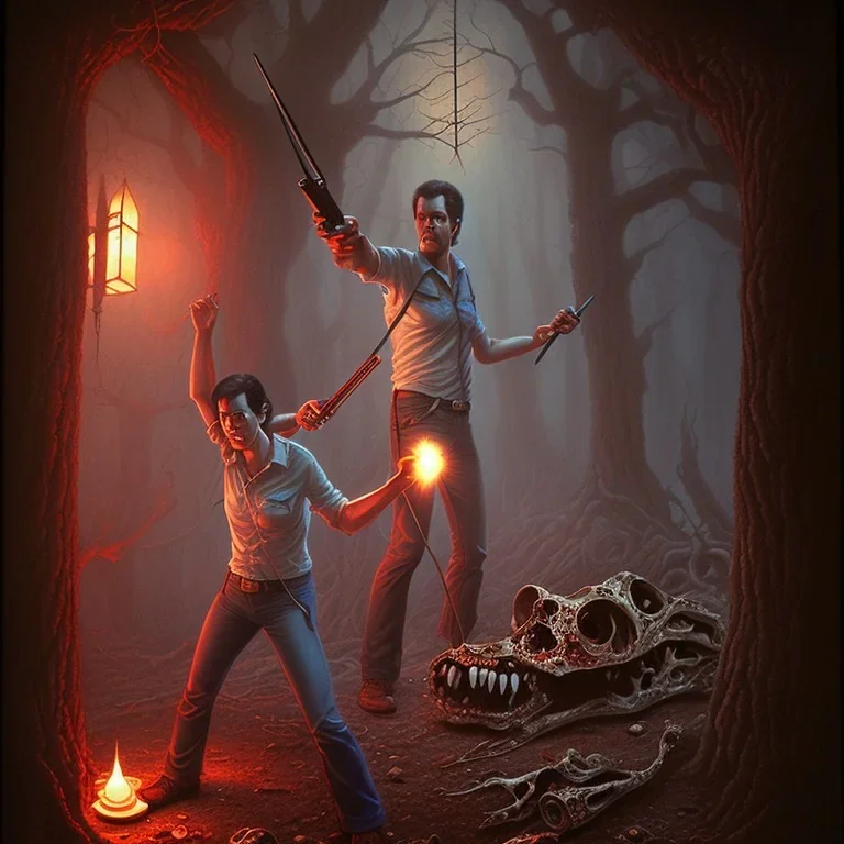 mdjrny-v4 style, the evil dead, by drew struzan, epic lighting, highly detailed, twilight