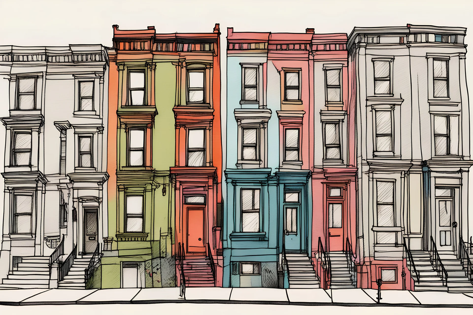 beautiful pen and ink illustration of a cute brooklyn neighborhood, minimalist, colored