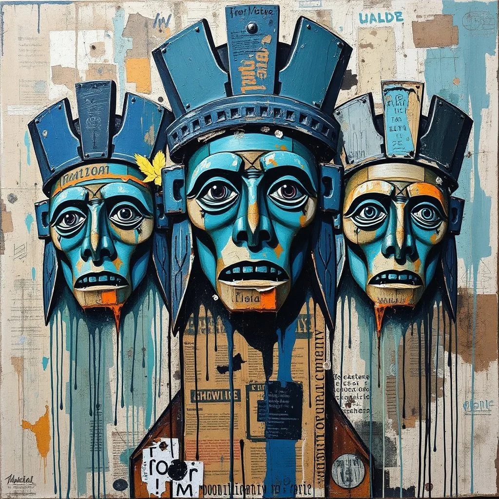 A powerful mixed media artwork blending street art and abstract expressionism. Three totemic, figure-like forms dominate the composition, painted in blue, teal, and earthy tones. Their expressive, mask-like faces emerge from layered paint, collage textures, and fragments of urban text. Dripping paint, gestural marks, and raw brushstrokes create an urban, weathered surface. The layered mixed-media technique conveys themes of identity, memory, and cultural heritage. The mood is contemplative and m