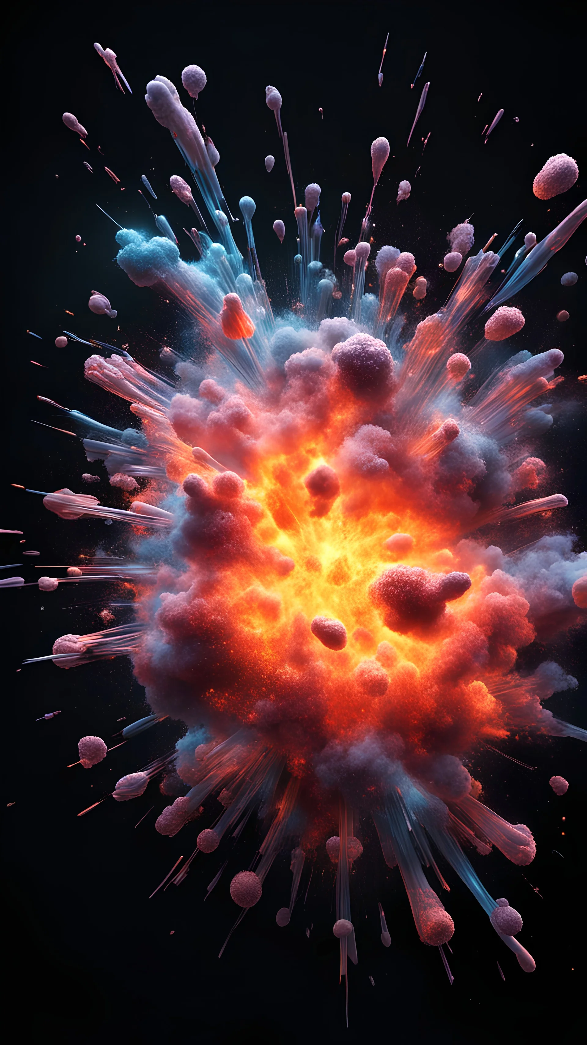molecular vibrant with explosion. Photography. Ultra Realistic photo. HD. Glowing. Black background.3d style. Mystical atmosphere.