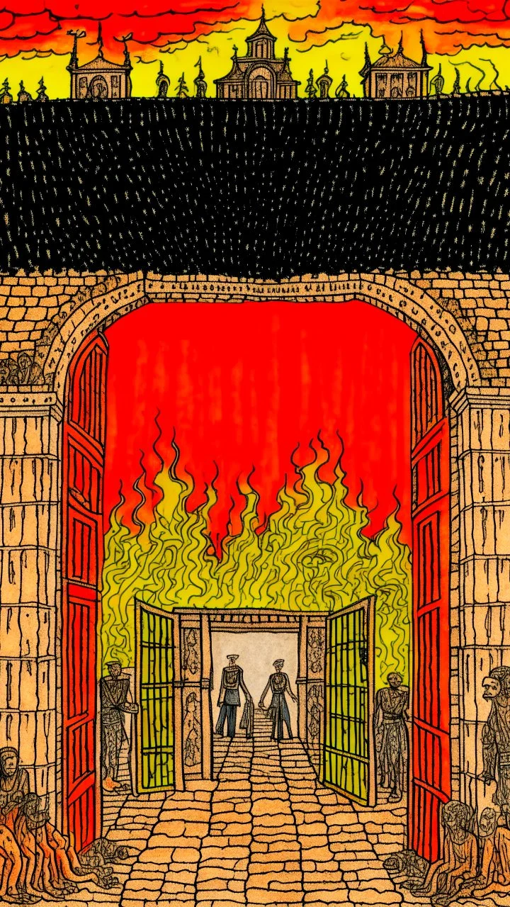 point of view of the entrance gate of hell in the style of egon shiele